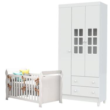 Imagem de Berço e Guarda Roupa Infantil Lara e Mariah 3 Portas 2 Gavetas em MDF-MDP 154 cm Branco...