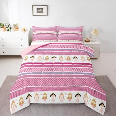 Imagem de jejeloiu Conjunto de cama casal com tema de princesa, para crianças, meninos, meninas, bolinhas, edredom fofo, listrado, decoração de quarto, microfibra leve e macia, 3 peças