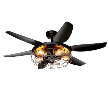 Imagem de Ohniyou Ventiladores De Teto Com Luzes E Controle Remoto - Luminária Gaiola 52" Estilo Fazenda, Preta, Industrial, Para Áreas Externas, Pátio, Sala Estar, Cozinha Quarto