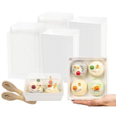 Imagem de DERZIFUN 100 Caixas De Charcutaria Com Tampas Transparentes, 13,5 X 12,5 6,5 Cm, Mini Caixa Branca Para Sanduíche, Biscoito, Sushi, Fatia Bolo, Morangos, Rocambole Suíço E Sobremesa