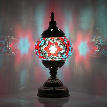 Imagem de GOGERS Luminária De Mesa Turca Marroquina Com Abajur Vidro Mosaico Feito À Mão Estilo Tiffany, Boêmia, Decorativa, Mesa, Luzes Noturnas Cabeceira Para Quarto (Azul E Vermelho)