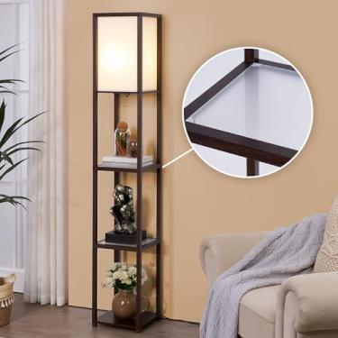 Imagem de MITELSON Luminária De Chão Com Prateleiras, Luminárias Prateleira Modernas Lâmpada Led, Luzes Canto Vidro Quadradas Para Sala Estar, Quarto, Escritório - Marrom Nogueira