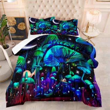Imagem de YIXINZHUANJIN Jogo de cama casal com estampa de cogumelo, lua e estrelas, fungo, plantas botânicas, conjunto de edredom, inclui 1 edredom e 2 fronhas – 203 x 228 cm