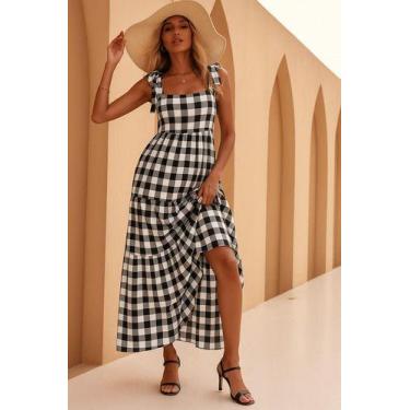 Imagem de Vestido Longo Xadrez Festa Junina Com Alças De Amarrar - Casual Dress,