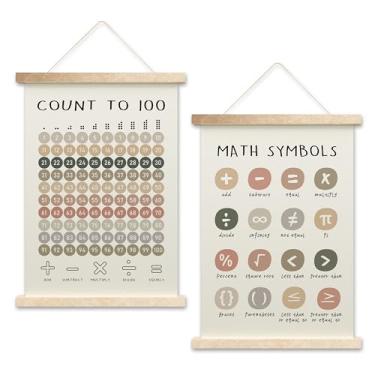 Imagem de HEZNZXQ Bandeira pendurada em tabela de números, arte de parede em tela com símbolos matemáticos para sala de jogos, escola em casa, cabide de pôster de aprendizado de berçário, conjunto de 2 pôsteres