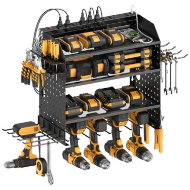 Imagem de CCCEI Organizador modular de ferramentas elétricas com estação de carregamento USB, brocas de 4 camadas e suporte de parede para armazenamento de bateria, organização de loja de garagem, aniversário