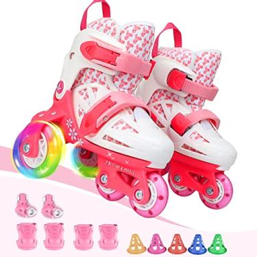 Imagem de Patins infantis de quatro patins, para meninas, meninos, com tamanho ajustável, freios duplos e rodas luminosas e equipamentos de proteção, 3 pontos de equilíbrio para iniciantes, para ambientes internos e externos (rosa alegre, PP)