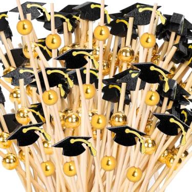 Imagem de FYSUIMU 200 peças de palitos de coquetel de graduação preto e palitos de dente feitos à mão com contas douradas para decoração de festa de pós-graduação