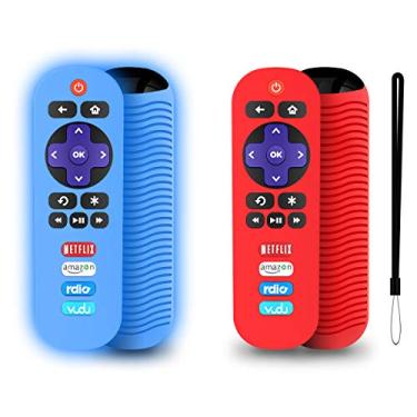 Imagem de Pacote com 2 capas de silicone para controle remoto TCL Roku TV RC280, proteção universal de substituição leve e à prova de choque TCL Roku TV com cordão, Red+ Glowing Blue