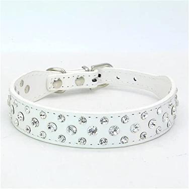 Imagem de Pimaodog Coleira para cachorro com strass, strass brilhante couro PU cristal diamante pet cão gato filhote coleira preta P M G GG (GG: 40-46 cm, branco)