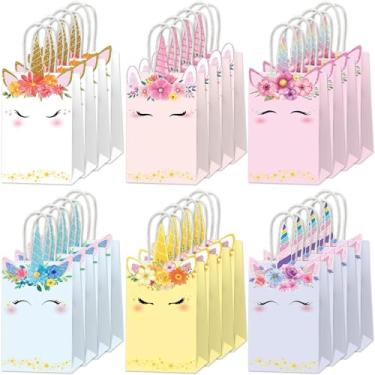 Imagem de ZOIIWA 24 peças de sacolas de lembrancinhas de festa de unicórnio com tema de arco-íris, pastel, unicórnio, doces, brindes, princesa, saco de presente de papel com alça para decoração de aniversário