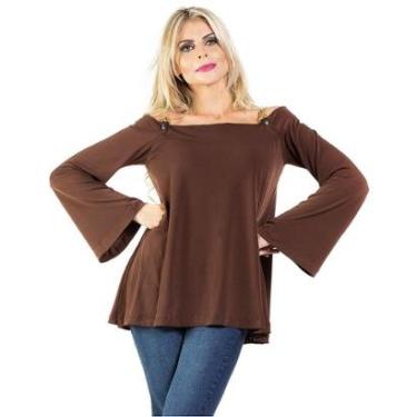 Imagem de Blusa Bata Decote Ombro a Ombro detalhe Couro Dourado Manga Flare Marrom Alphorria-Feminino