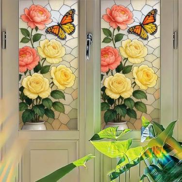 Imagem de Starlit Patio Película de privacidade de borboleta rosa amarela painel decorativo aderência estática sem cola estilo vitral capa para porta de cozinha janela de entrada 45 x 99,8 cm