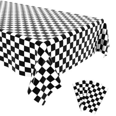 Imagem de OLIVBIN Pacote com 4 toalhas de mesa quadriculadas descartáveis de plástico preto e branco capa de mesa retangular impermeável para piquenique, decoração de festa preta, 137 x 274 cm