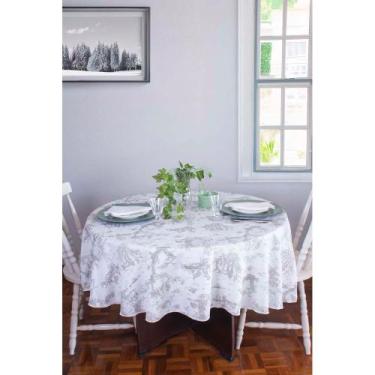 Imagem de Toalha de Mesa Redonda em Tecido Jacquard Estampado Toile de Jouy Bege