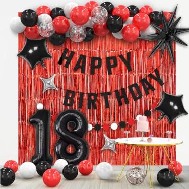 Imagem de Joelipan Decorações De Aniversário 18 Anos Para Meninos E Meninas, Decoração Festa Em Preto Vermelho Com Kit Arco Balões, Faixa Feliz Aniversário, Número 18, Cortina Alumínio, Suprimentos
