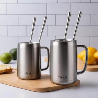 Imagem de Caneca Térmica Parede Dupla em Aço Inox Cinza 850ml com Canudo - Estilo Minimalista