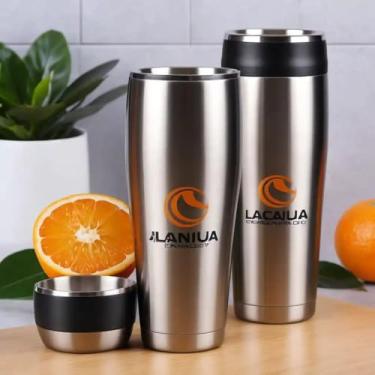 Imagem de Copo Térmico Parede Dupla em Aço Inox Laranja 500ml com Tampa Rosqueável - Estilo Com Logo