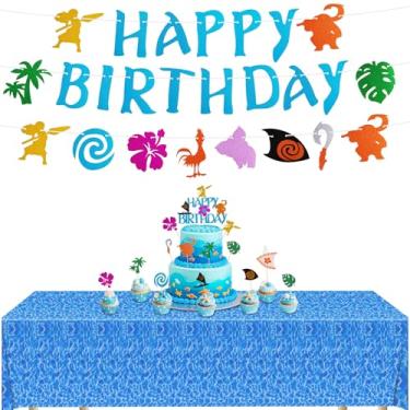 Imagem de Conjunto de decorações de aniversário Moana com topo de bolo Moana, faixa e toalha de mesa - Decorações de festa na praia perfeitas para festa de aniversário temática Moana