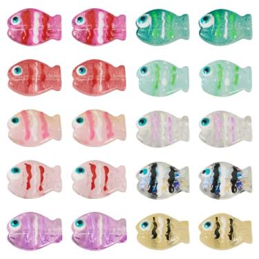 Imagem de FASHEWELRY 20 peças de contas de peixe feitas à mão, contas de vidro esmaltado, contas de pesca fofas olho turco stripfish contas esburacadas para pulseira faça você mesmo, colar, fabricação de joias
