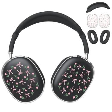 Imagem de BlHMCASE Capa de fone de ouvido para AirPods Max, linda capa de fone de ouvido transparente com laço rosa, capa de silicone preta para Apple AirPods Max