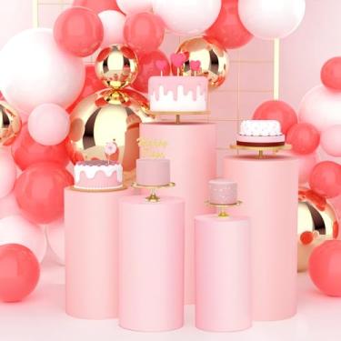 Imagem de Babenest Conjunto de 5 capas de pedestal cilíndrico rosa empoeirado, vintage, de elastano, coberturas de pedestal redondas, de tecido elástico, para decoração de aniversário e festa de casamento (sem