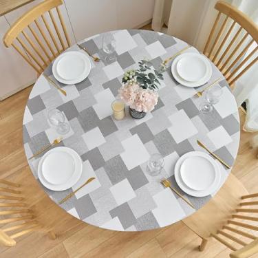 Imagem de NLMUVW Toalha de mesa redonda de vinil com borda elástica 100% à prova d'água de PVC à prova de óleo, toalha de mesa limpa para ambientes internos e externos, xadrez, 114 a 142 cm