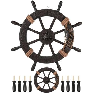 Imagem de NUOBESTY Decoração de parede de roda náutica de madeira – Volante de barco estilo mediterrâneo para casa, pirata, decorações de praia, arte de parede náutica para interior ou exterior