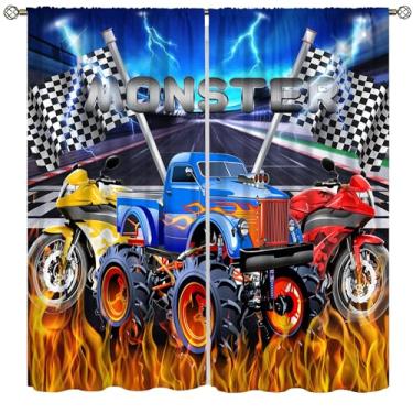 Imagem de AAVEUP Cortinas de carro de corrida, estádio de corrida colorido, monstro, desenho animado, caminhão, chama, janela, tratamentos para meninos, crianças, sala de jogos, berçário, quarto, sala de estar