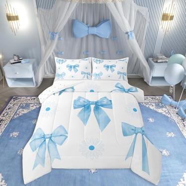 Imagem de Erosebridal Conjunto de edredom solteiro com laço azul, retrô, vintage, para crianças, meninos e meninas, edredom com laço kawaii, para amantes de laço, roupa de cama estética