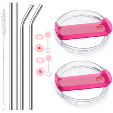 Imagem de Pacote com 2 tampas à prova de vazamento com 4 canudos de metal de aço inoxidável reutilizáveis SUS 304 para copo Stanley de 1,134 g, tampa de derramamento de acessórios Stanley Cup (transparente e