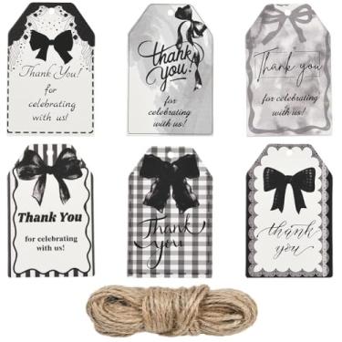 Imagem de SOFPLATE 60 peças, 6 estilos, etiquetas de agradecimento, etiquetas de presente estéticas com corda de cânhamo, laço preto, coquete, palavras artesanais, kits de etiquetas retangulares, acessórios