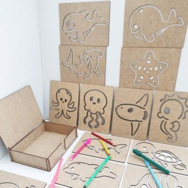 Imagem de Kit de Placas Educativas em MDF, Desenho de Animais Marinhos, Brinquedo para Crianças