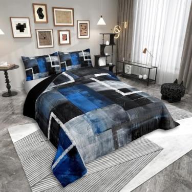 Imagem de Erosebridal Conjunto de cama solteiro geométrico com pintura a óleo, azul, preto, cinza, arte abstrata, aquarela, patchwork, edredom