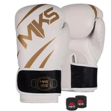 Imagem de Kit Luva Boxe New Champion Branco/Dourado 16oz + Bandagem MKS Combat