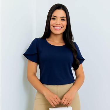 Imagem de Blusa Social Manga Curta Tulipa Feminina Lisa em Crepe Duna - MADALIH 
