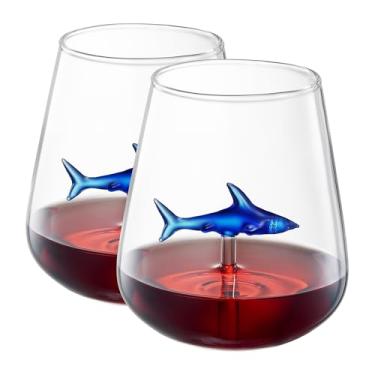 Imagem de Taça de vinho de tubarão sem haste feita à mão - conjunto personalizado de 2 com tubarões 3D dentro - taças de vinho tinto - presentes exclusivos para amantes de tubarões - ideal para festas