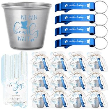 Imagem de Vesici 25 conjuntos de lembrancinhas de chá de bebê para convidados 42,5 g copos de shot de aço inoxidável fofos chaveiros abridores de garrafa etiquetas de agradecimento bolsas menina menino chá de