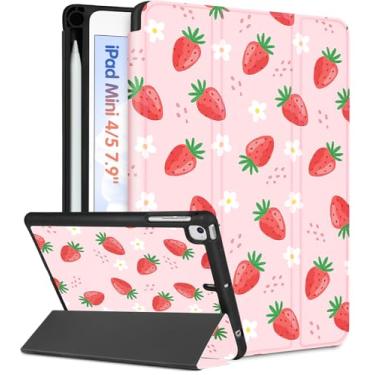 Imagem de Wazzasoft Capa para iPad Mini 4/5, para iPad Mini 5ª/4ª Geração, Capas Fofas, Mulheres, Meninas, Crianças, Fofas, Morango, Kawaii, Adolescentes Bonitas com Suporte de Lápis para Apple iPad 5/4 Mini Capa de 7,9 polegadas