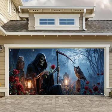Imagem de HOMETITUTE Grim Reaper Faixa de porta de garagem Halloween 4 x 1,8 m Corujas assustadoras foice corujas rosas lanternas de porta de garagem pano de fundo para decoração assustadora ao ar livre