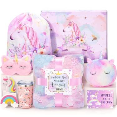 Imagem de Presentes de unicórnios para meninas, caixa de surpresa para 3 4 5 6 7 8 9 10 11 12 anos de idade infantil/adolescente, idade 6 a 8 anos, cesta de presentes para meninas para Natal com bolsa de cobertor que brilha no escuro para copo marca de olhos