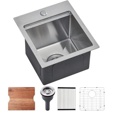 Imagem de Xiiwin Pia de barra de cozinha de 33 cm, 33 x 38 cm, tigela única, pia de barra pequena, aço inoxidável, prata escovada