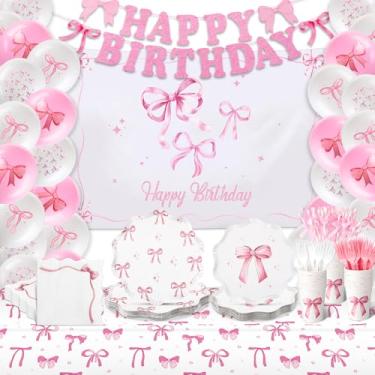 Imagem de Zhehao 200 peças de decorações de festa de laço rosa feliz aniversário chá de bebê suprimentos incluindo pratos de papel descartáveis copos conjuntos de talheres toalha de mesa balão guardanapos