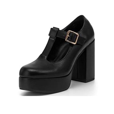 Imagem de Coutgo Sapato social feminino com tira em T, bico redondo, salto plataforma grosso, patente Mary Jane, Preto, 37