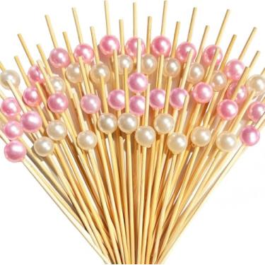 Imagem de 200 palitos de coquetel, palitos de pérola branca pérola rosa para aperitivos, palitos de bambu decorativos de 12 cm de comprimento, espetos extravagantes para sanduíche, palitos de comida de festa de