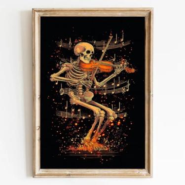 Imagem de Arte de parede de esqueleto vintage Dark Academia Obra de arte gótica de caveira pintura de caveira pôster musical esqueleto guitarrista arte de parede gótica impressão em tela engraçada retrô