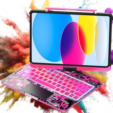 Imagem de TSQQST Capa transparente com teclado sem fio para iPad (A16) 11ª geração 11 polegadas 2025/iPad 10ª geração 10 polegadas 2022 com suporte para lápis e trackpad multitoque, retroiluminação em 7 cores