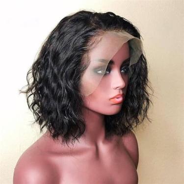 Imagem de Short Bob Peruca de cabelo humano ondulado de água cor natural cabelo virgem brasileiro 13 x 4 HD peruca frontal transparente 150% densidade pré-arrancada linha do cabelo natural com nó de bebê