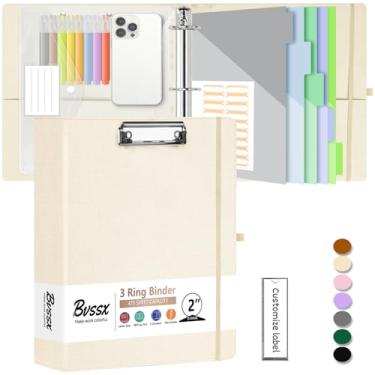 Imagem de Organizador de fichário de linho com 3 anéis de 5 cm, fichário BVSSX com três anéis com prancheta, pasta de plástico, divisórias de bolso de 5 abas com etiquetas adesivas, alça para caneta, alça