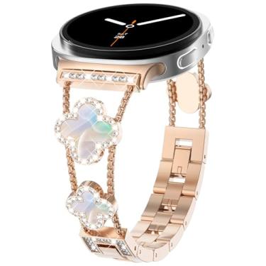 Imagem de WINGLE Pulseira brilhante para Galaxy Watch 8 de 40 mm e 44 mm para Samsung Galaxy Watch 8 Classic de 46 mm, trevo de quatro/4 folhas, pulseira feminina com diamantes brilhantes Galaxy Watch8, ouro
